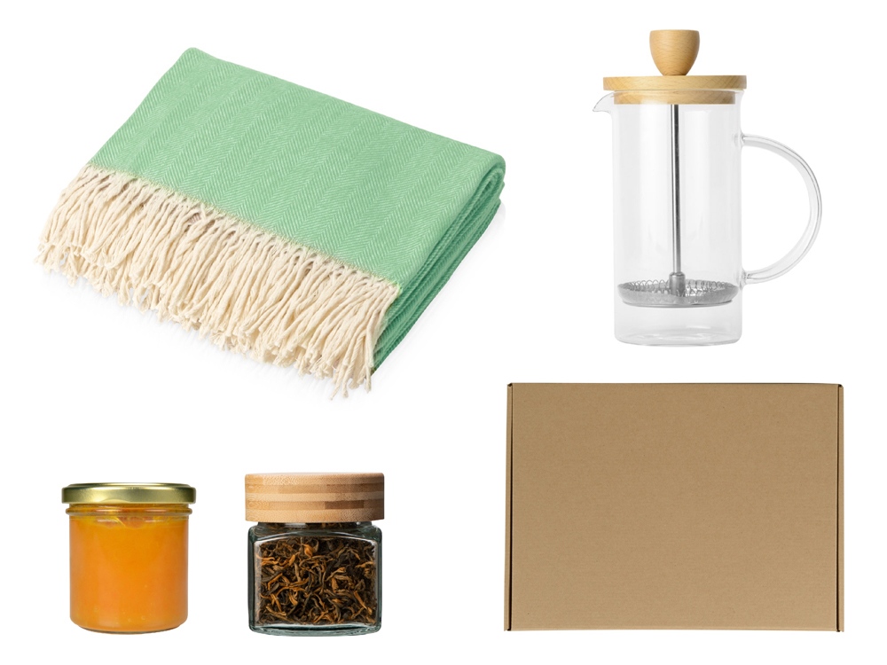 Подарочный набор с пледом, френчпрессом, чаем и вареньем