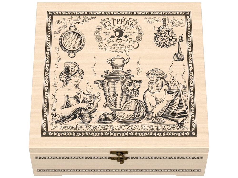 Подарочный набор с чаем и эфирными маслами «История пара и самовара» в деревянной шкатулке